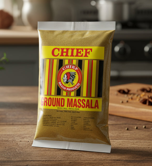 Bag of Chief Ground Massala with a yellow label on a white background
