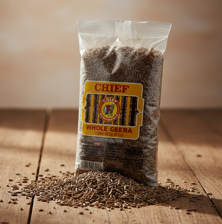 Bag of whole cumin with visible brand label on a white background