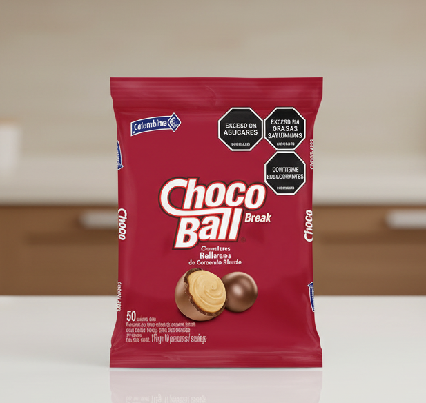 Red packaging of Choco Ball with chocolate balls on a white background
