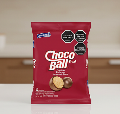 Red packaging of Choco Ball with chocolate balls on a white background
