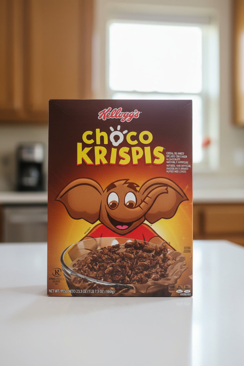 Kellogg's Choco Krispis cereal box with a cartoon character on a green surface