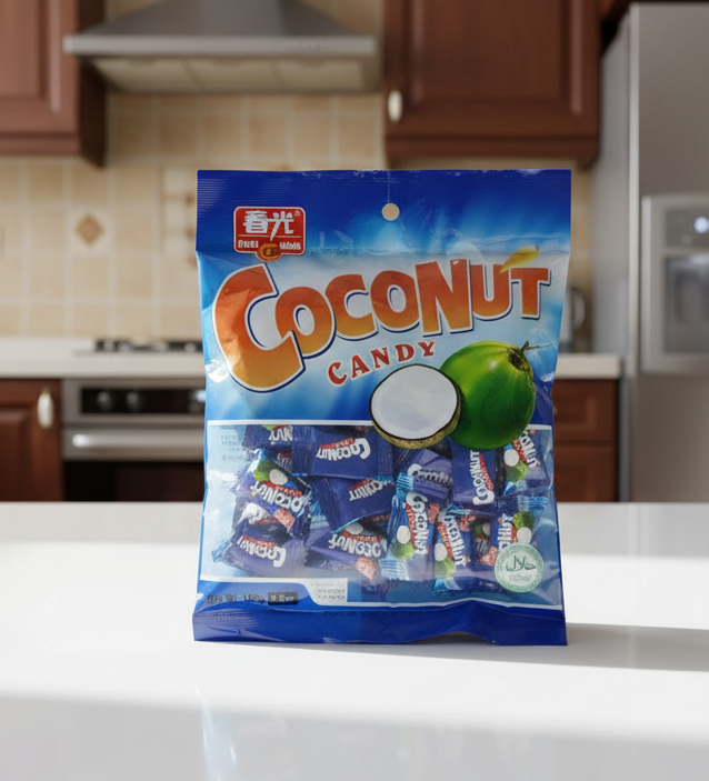 Packaging of coconut candy with a blue background and visible brand logo.