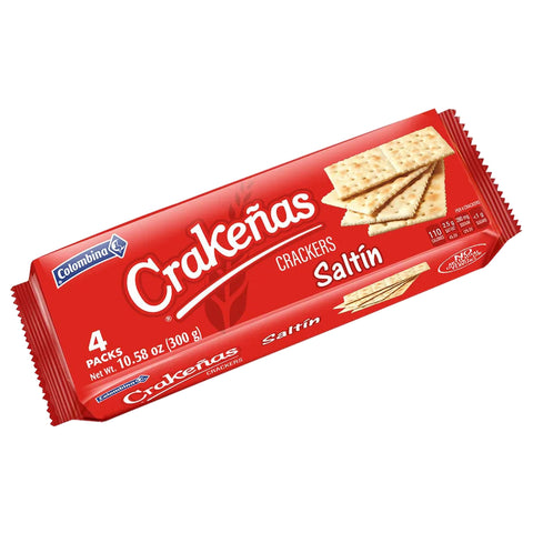 Red package of Crakenas crackers on a white background
