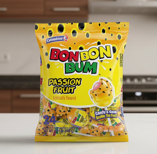 Packaging of Bon Bon Bum Passion Fruit candy with yellow background