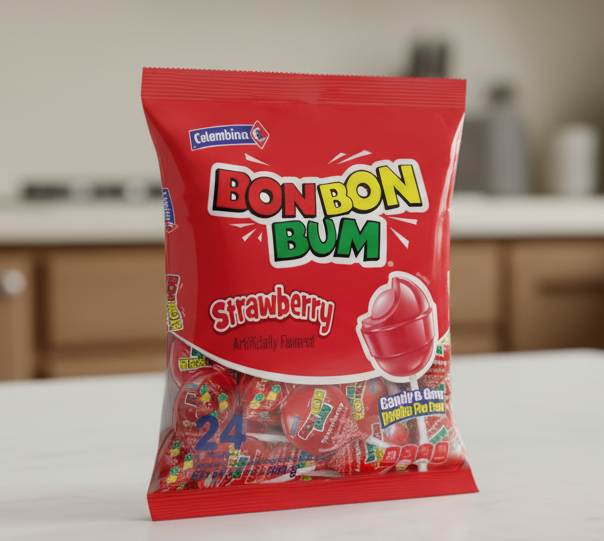 Red package of Bon Bon Bum strawberry candy with Colombina logo
