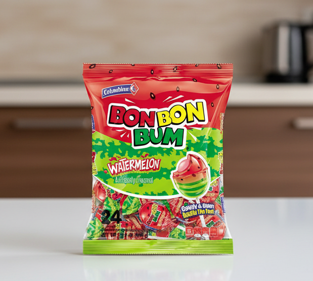 Packaging of Colombina Bon Bon Bum watermelon candy on a white background
