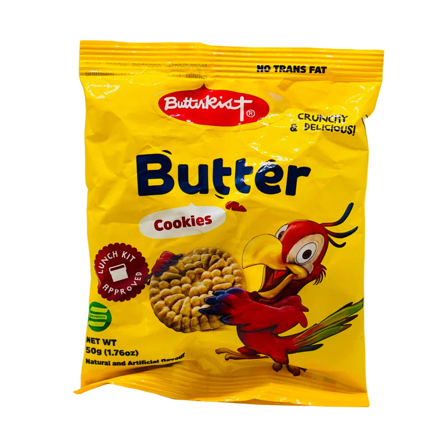 Butter cookies package with a parrot illustration on a yellow background