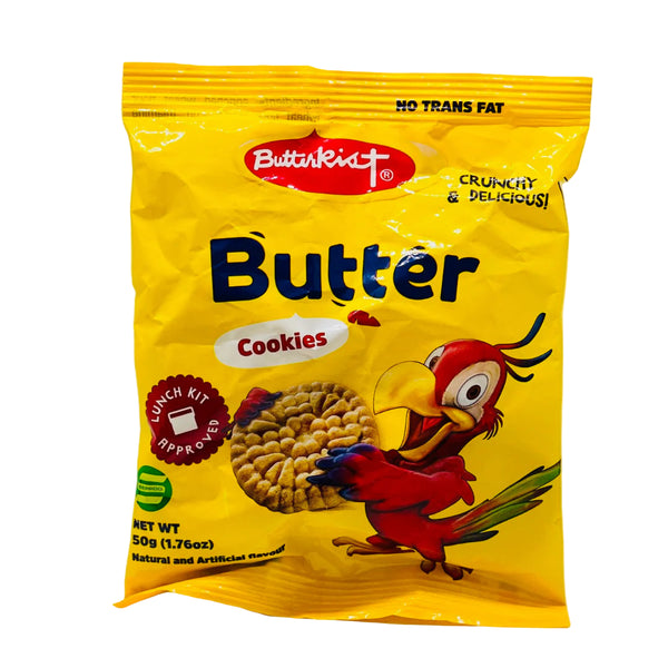 Butter cookies package with a parrot illustration on a yellow background