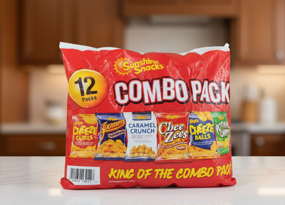 Red combo pack of Sunshine Snacks with various snack bags on a white background