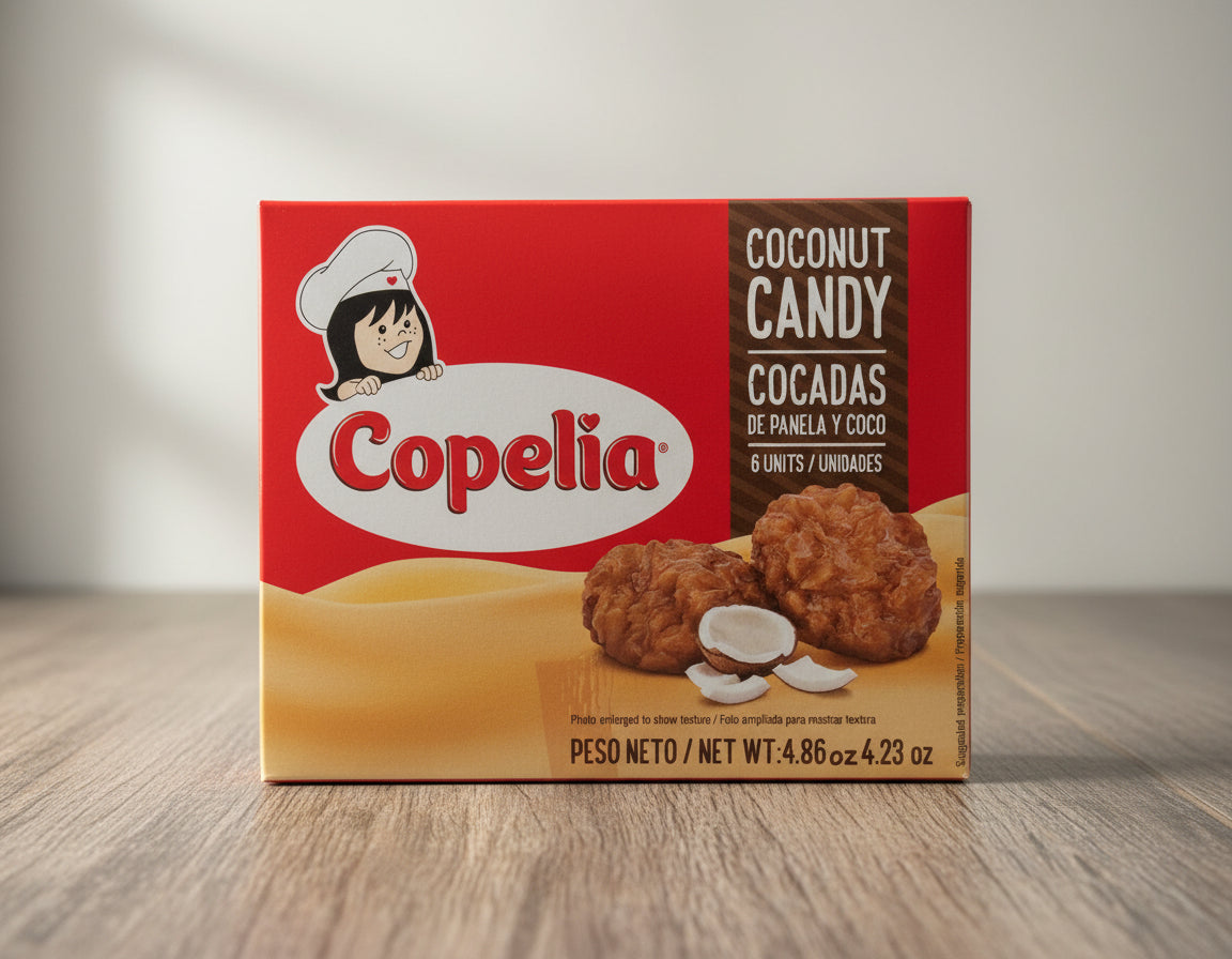 Copelia coconut candy packaging with cookies and coconut pieces on a dark background