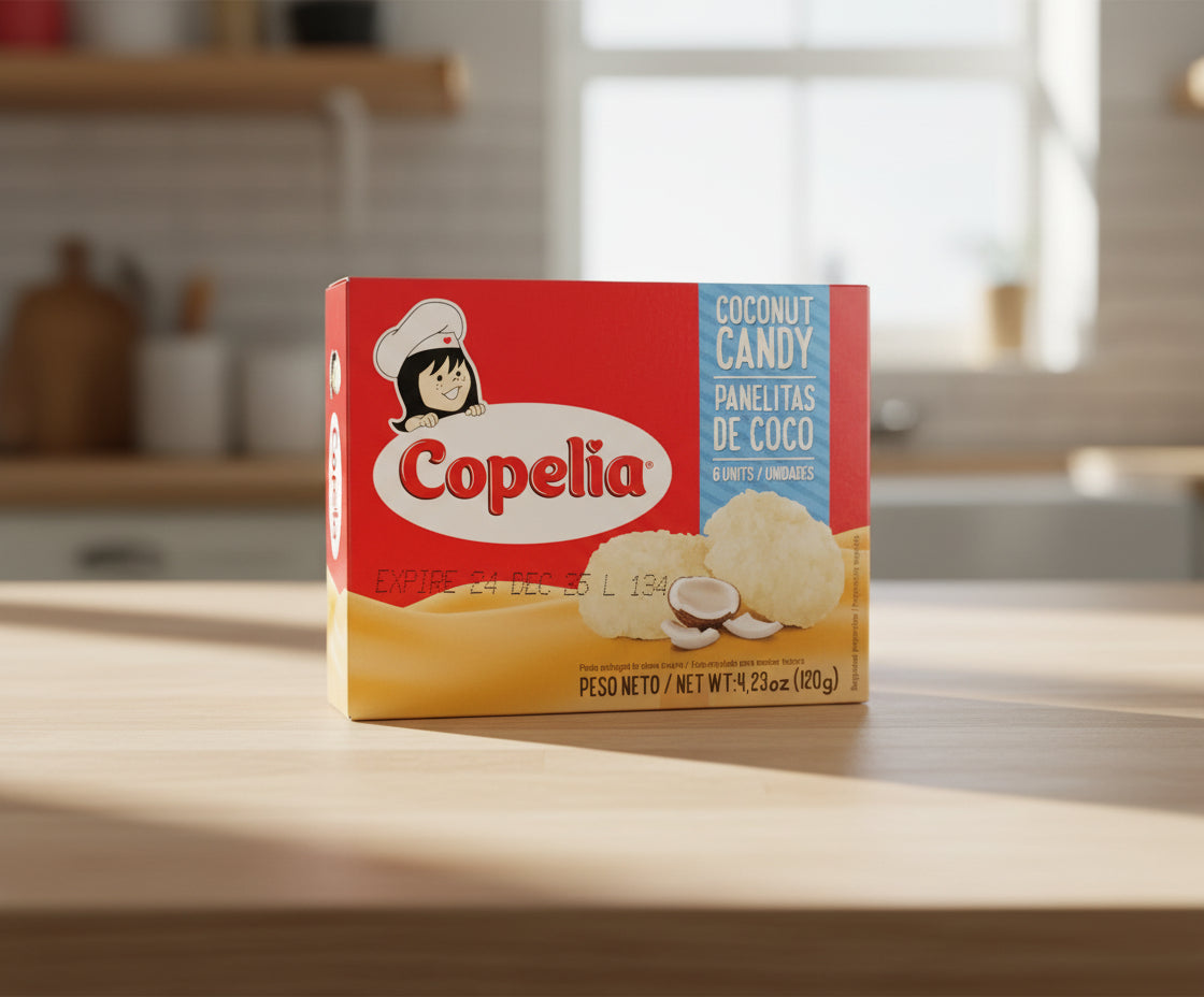 Copelia coconut candy packaging with a cartoon character on a red background