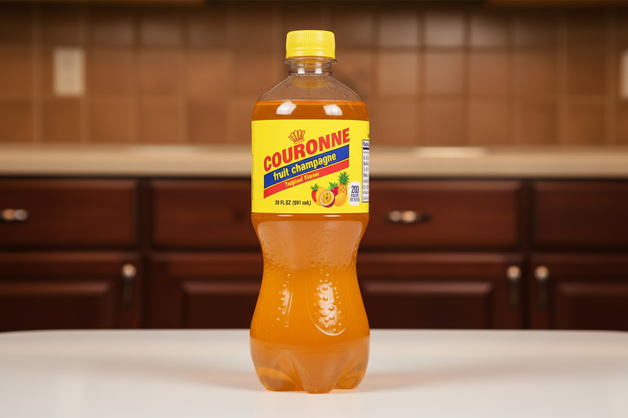 Bottle of Couronne Fruit Champagne on a white background