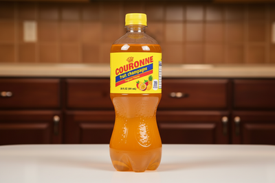 Bottle of Couronne Fruit Champagne on a white background