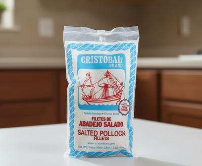 Cristobal brand salted pollock fillets packaging on a white background