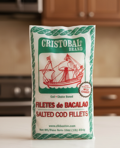 Cristobal Brand salted cod fillets packaging with a ship illustration on a white background