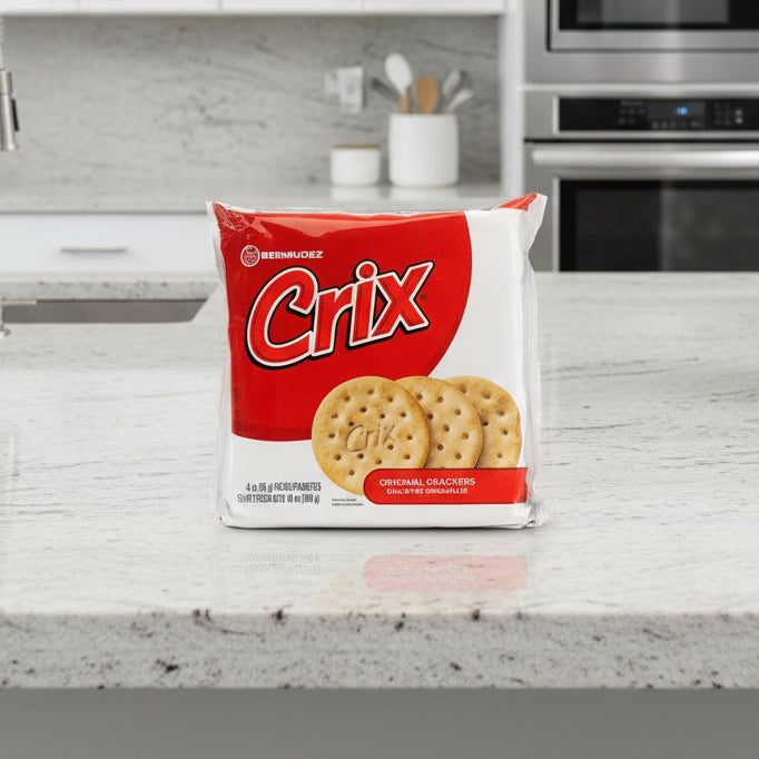 Bag of Crix crackers with red and white design on a white background