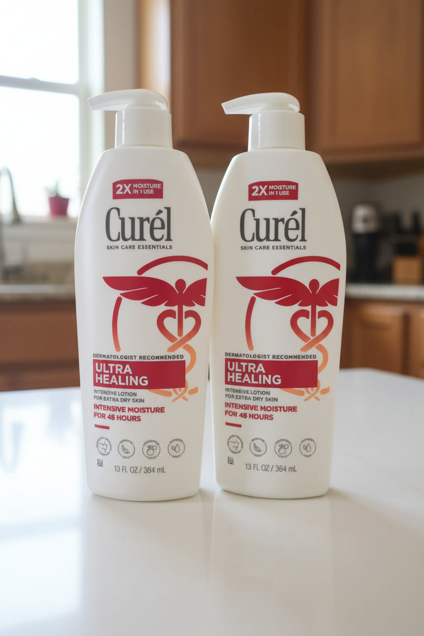 Two bottles of Curel Ultra Healing lotion on a shelf with a price tag.