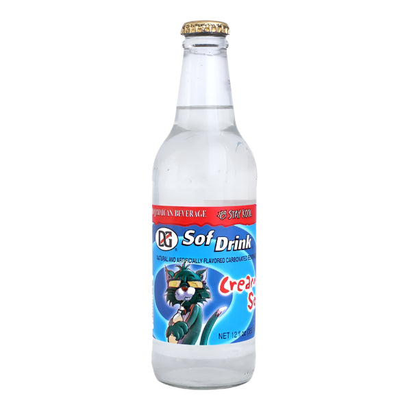 Clear glass bottle of DQ Sof Drink with colorful label on a white background