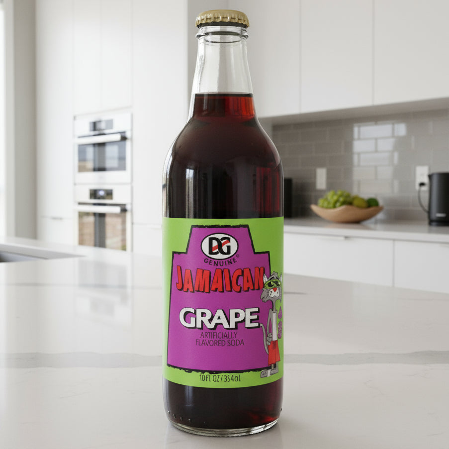 Bottle of Jamaican Grape soda with a colorful label on a white background