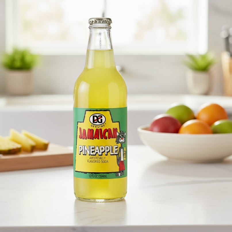 Bottle of Jamaican Pineapple soda with a colorful label on a white background