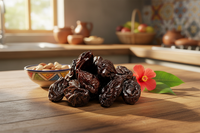 Cluster of dark brown prunes on a white background