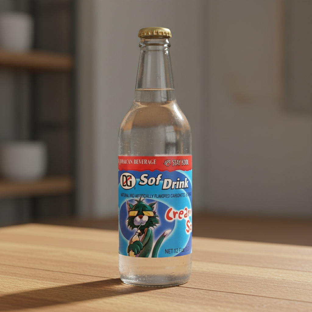 Clear glass bottle of DQ Sof Drink with colorful label on a white background