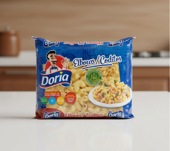 Doria Elbows/Coditos pasta package on a white background