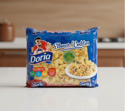 Doria Elbows/Coditos pasta package on a white background