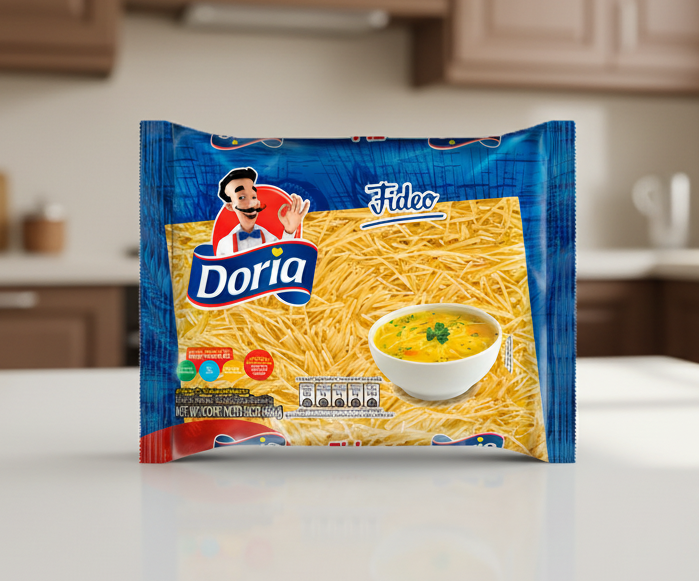 Doria Fideo noodle package with a bowl of soup on a white background
