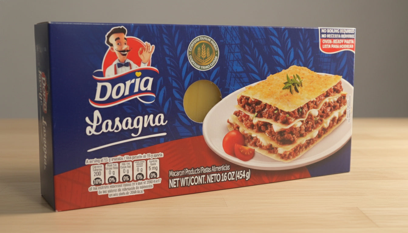 Doria Lasagna box with lasagna image and branding