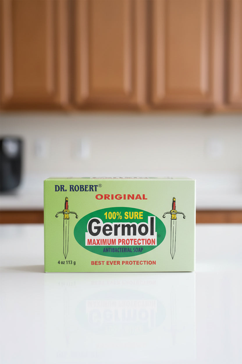 Two boxes of Dr. Robert Original Germol soap on a shelf with other products.