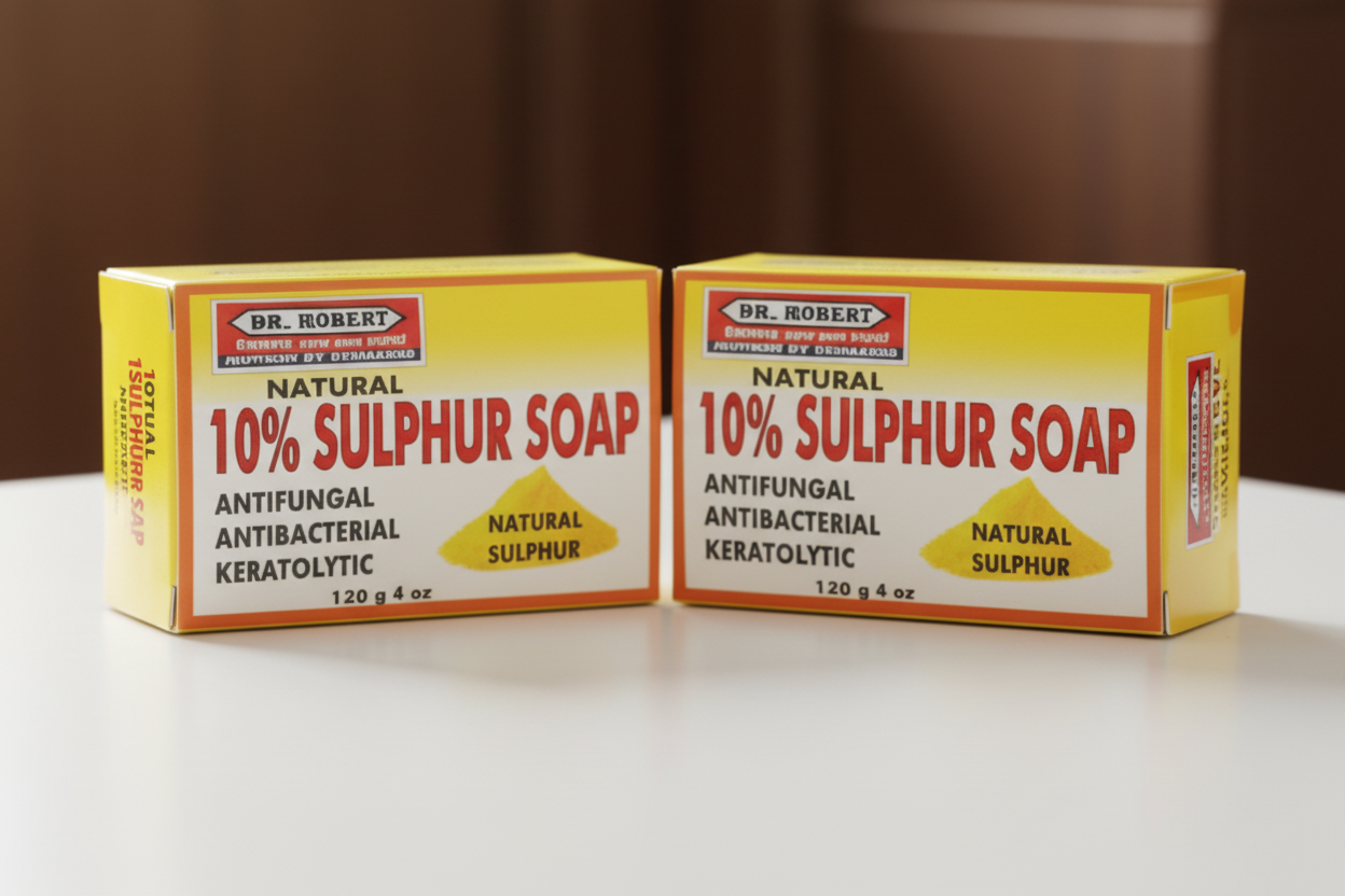 Box of Dr. Robert 10% Sulphur Soap with branding on a white background