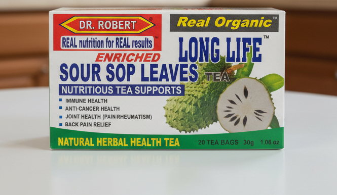 Box of Dr. Robert Real Organic Long Life Sour Sop Leaves tea on a white background