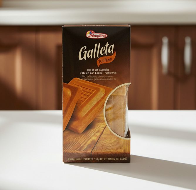 Packaging of Paraguáutis Galleta Rellena with a wooden surface background