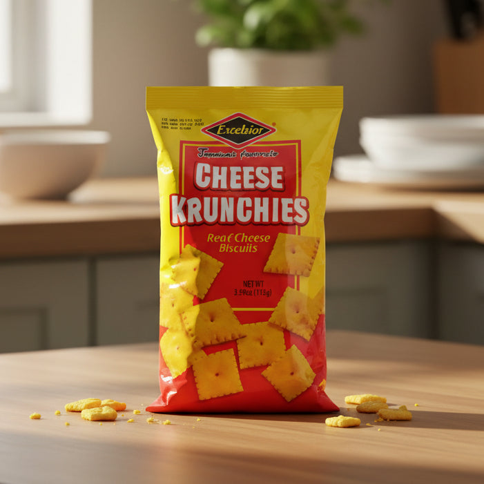 Packaged snack of Cheese Krunchies with red and yellow design on a white background