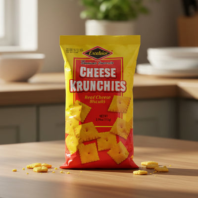 Packaged snack of Cheese Krunchies with red and yellow design on a white background