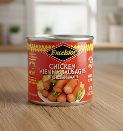 A can of Excelsior Chicken Vienna Sausages in Chicken Broth. The label shows sausages, indicating the product is ready to eat.