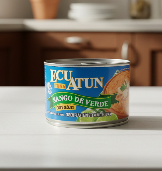 Can of Ecuatun Sango de Verde with Quince logo on a white background
