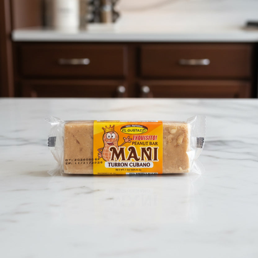 Mani Turron Cubano candy bar packaging on a black surface