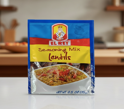 El Rey Lentils seasoning mix packet with a colorful label and image of lentils.