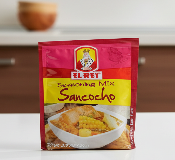 El Rey Sancocho seasoning mix packet on a white background