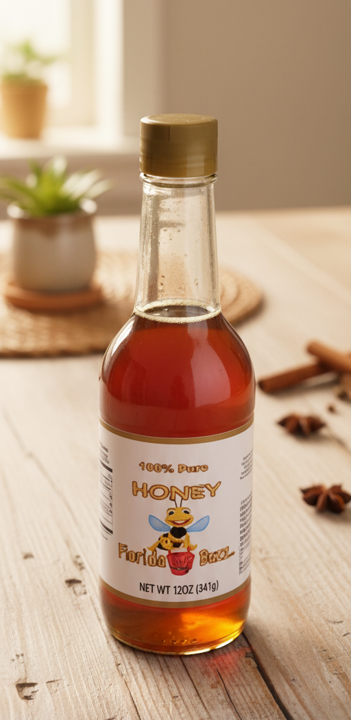 Bottle of honey with a label featuring a bee and apple design.