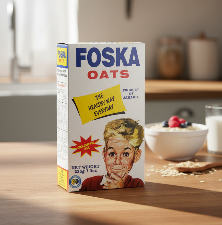 Foska Oats packaging with a vintage-style illustration of a boy on a white background