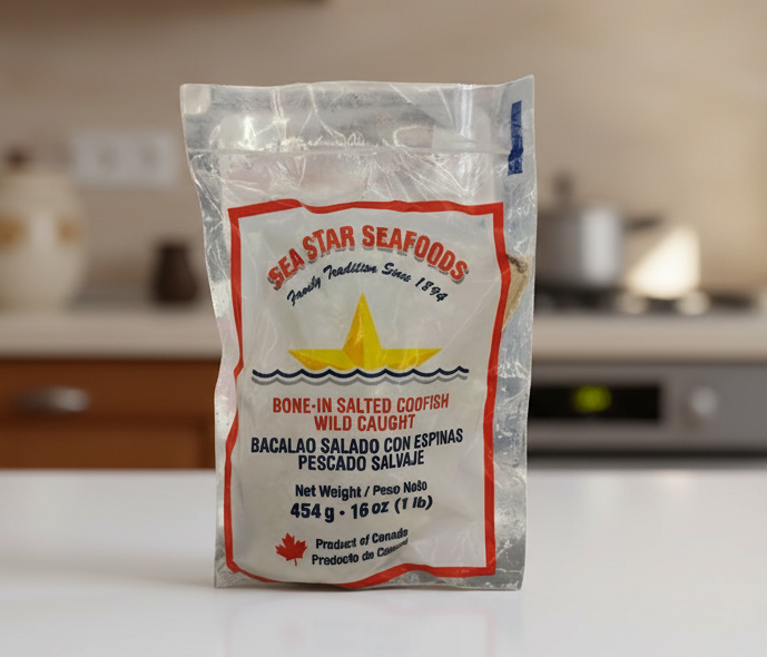 Bag of Sea Star Seafoods bone-in salted codfish on a white background