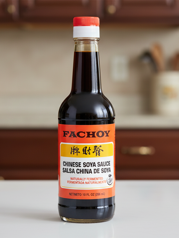 Bottle of Fachoy Chinese Soya Sauce on a white background