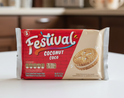 Packaging of Festival Coconut Coco cookies with a red background and cookie image.