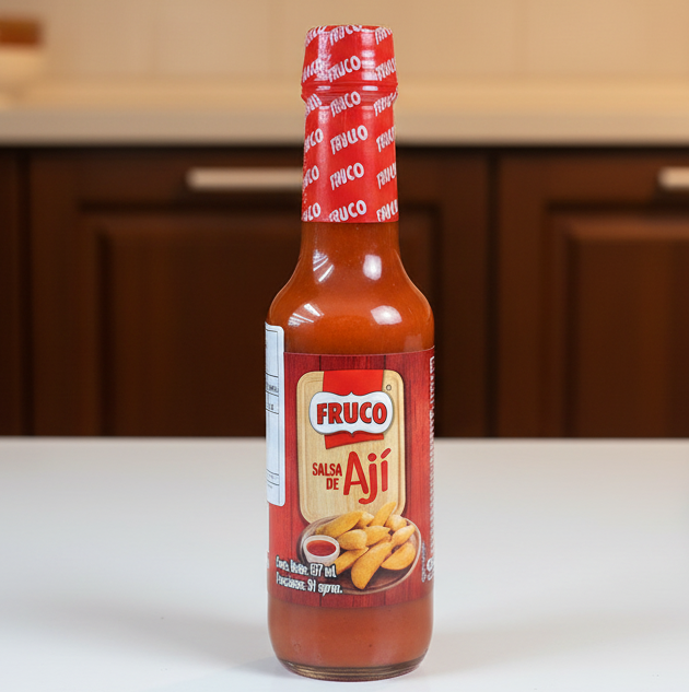 Bottle of Fruco Salsa de Aji on a white background