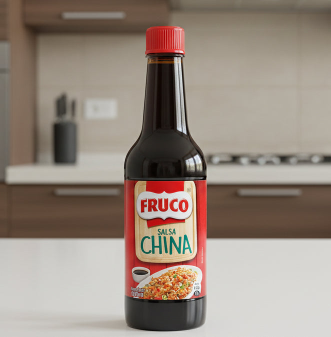 Bottle of Fruco Salsa China on a white background