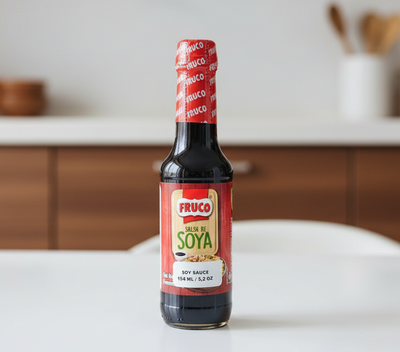 Bottle of Fruco Salsa de Soya soy sauce on a white background