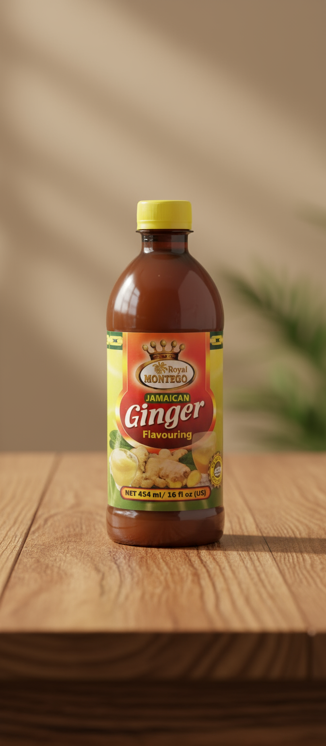 A bottle of Montego Ginger Flavor, 16 oz, with a label showing ginger roots and text.